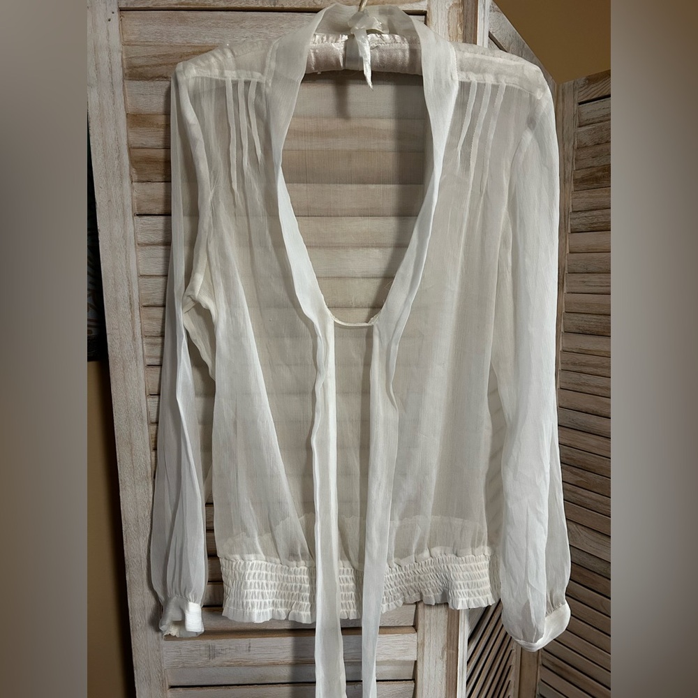 Elegant Sheer White Blouse with Tie Neck